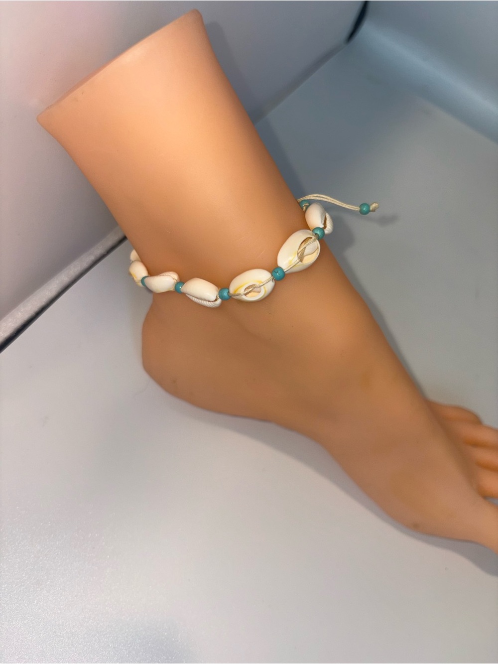 Handcrafted White Cowrie Shell Anklet with Turquoise Beads